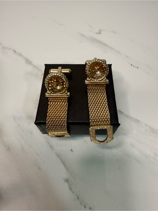 Other - Gold Tone Mesh Cufflinks with Faceted Crystal Accent